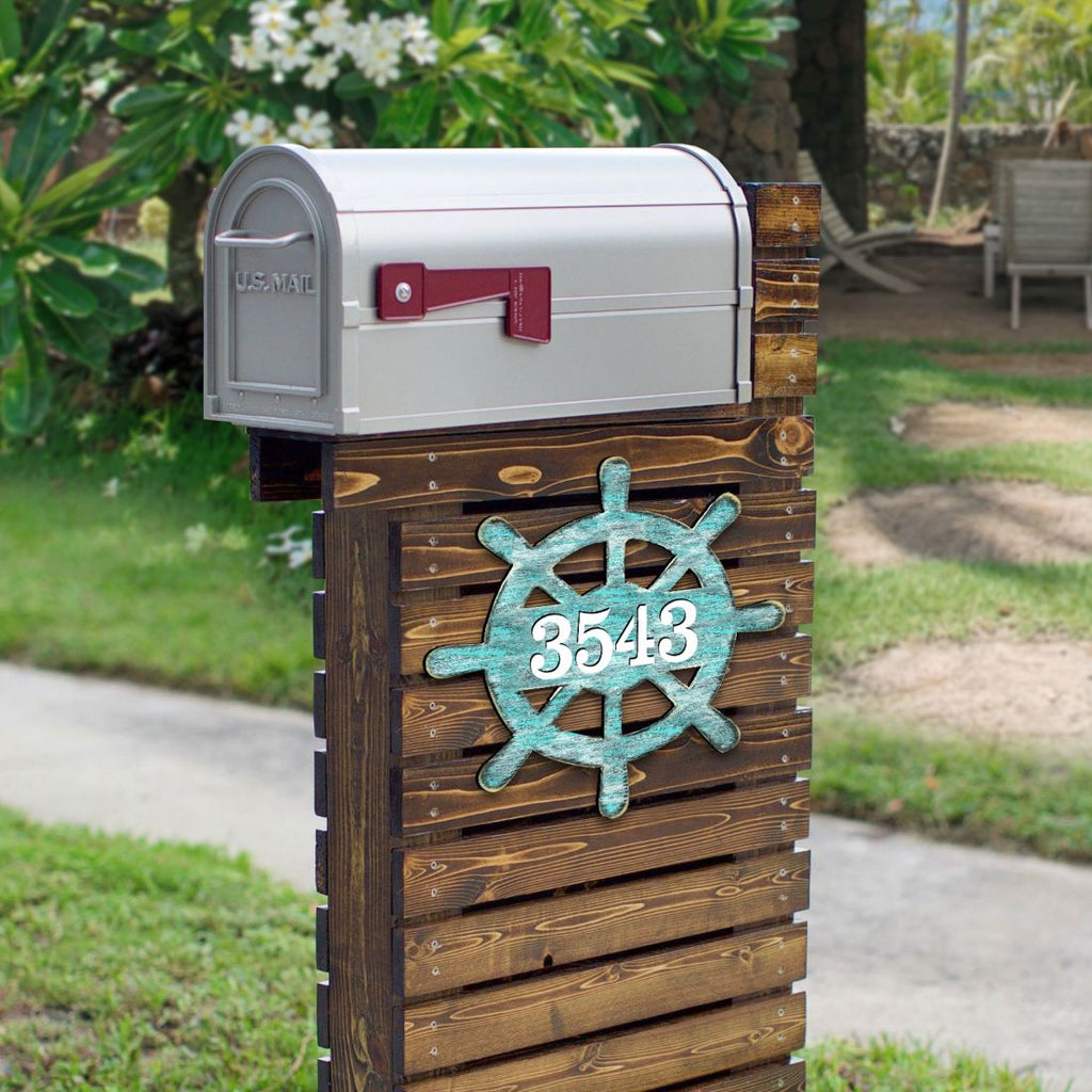 Captain Wheel Coastal Personalized House Number Sign by G. Debrekht - Coastal Sea-Life Decor - Handcrafted Wooden Address Sign - MA98536