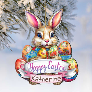 Personalized Easter Ornaments, Personalized Gift, Easter Basket Tag - Baby Name Happy Easter Bunny with Eggs Wooden Ornaments by G. Debrekht Easter Spring Decor - 8652785P
