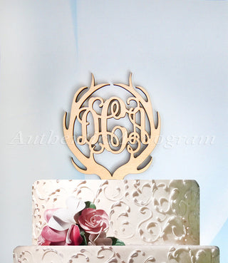 Wedding Cake Topper - Personalized Cake Topper, Deer Antlers Three letter Cake Topper, Wooden Cake Topper, Unpainted