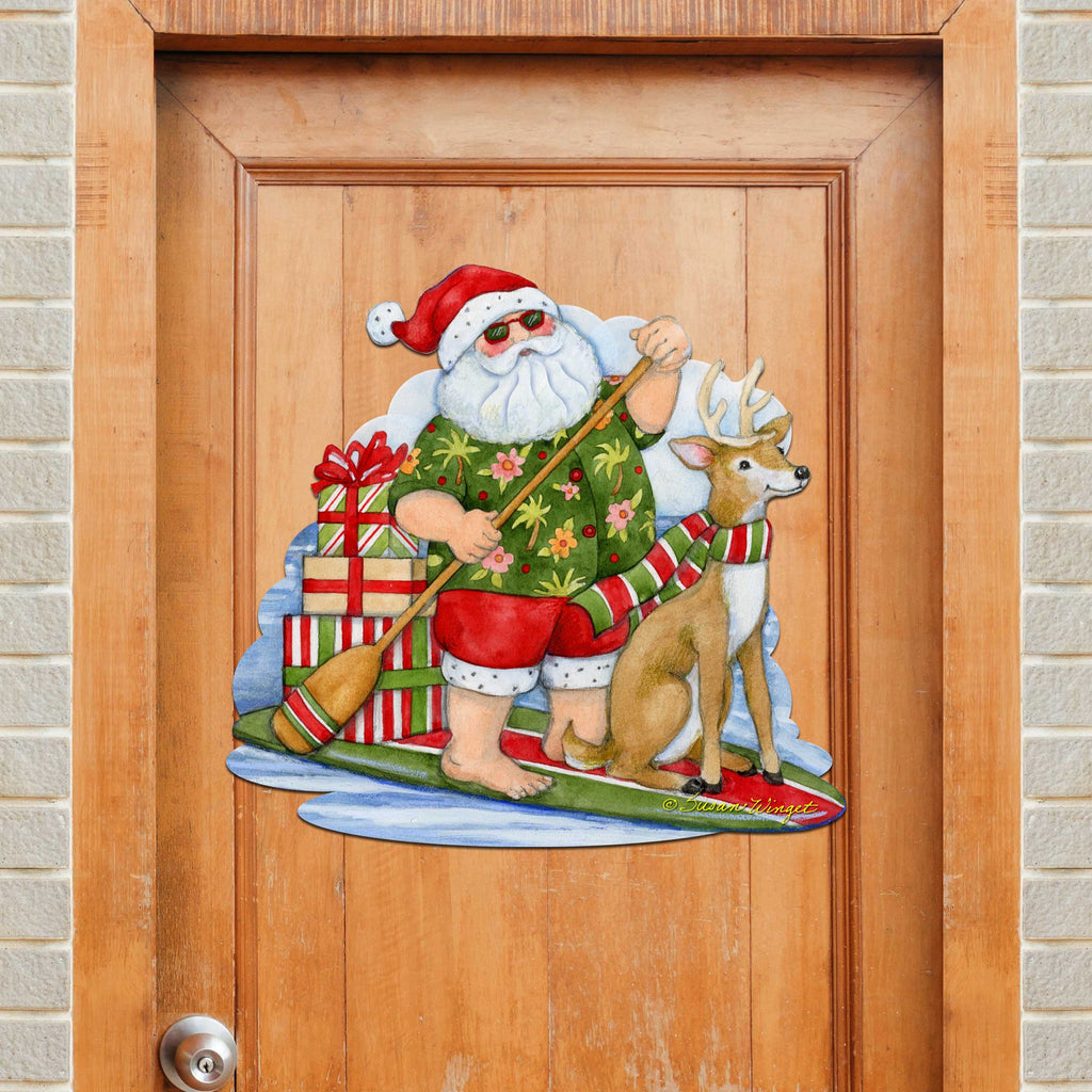 Christmas Decoration Door Hanging Paddleboarding Santa - Santa Door Hanger by Susan Winget Handmade Gift - 8471114H-SW