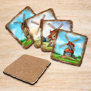 Windmills Wooden Cork Coasters Gift Set of 4 by Nature Wonders - Nature Wildlife Decor - 95406C-S4