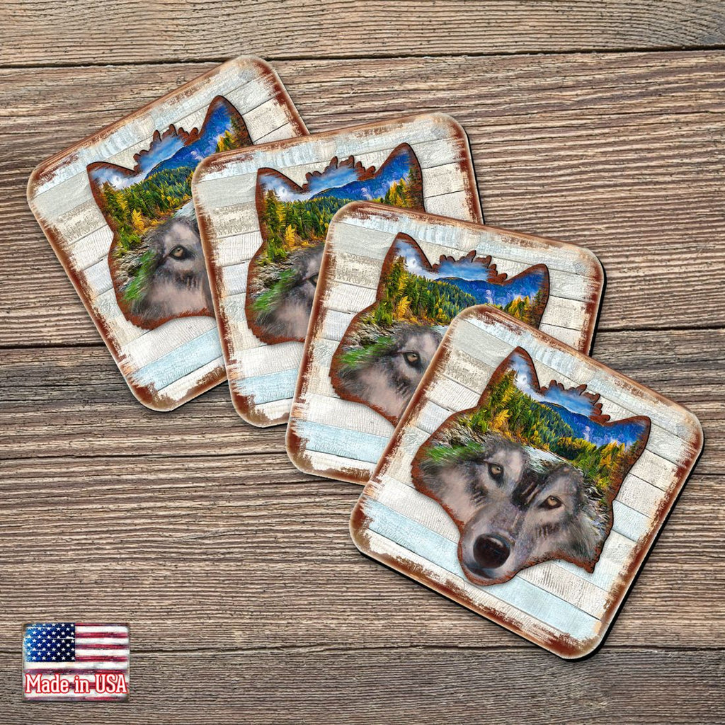 Wolf Face Wooden Cork Coasters Gift Set of 4 by Nature Wonders - Nature Wildlife Decor - 8198227-4-9C-S4