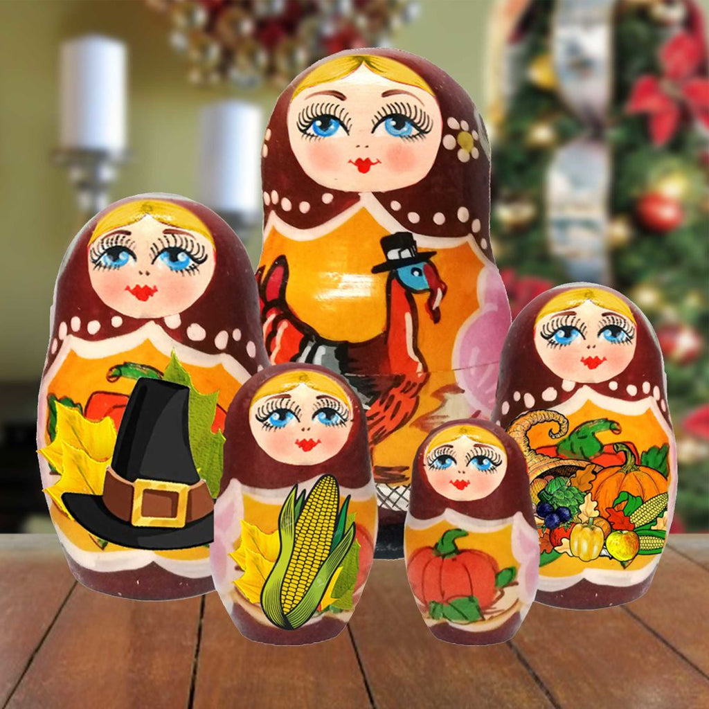 Thanksgiving Matreshka Nesting Hand-Painted Dolls Set of 5 by G. DeBrekht - Thanksgiving Halloween Decor - 130261