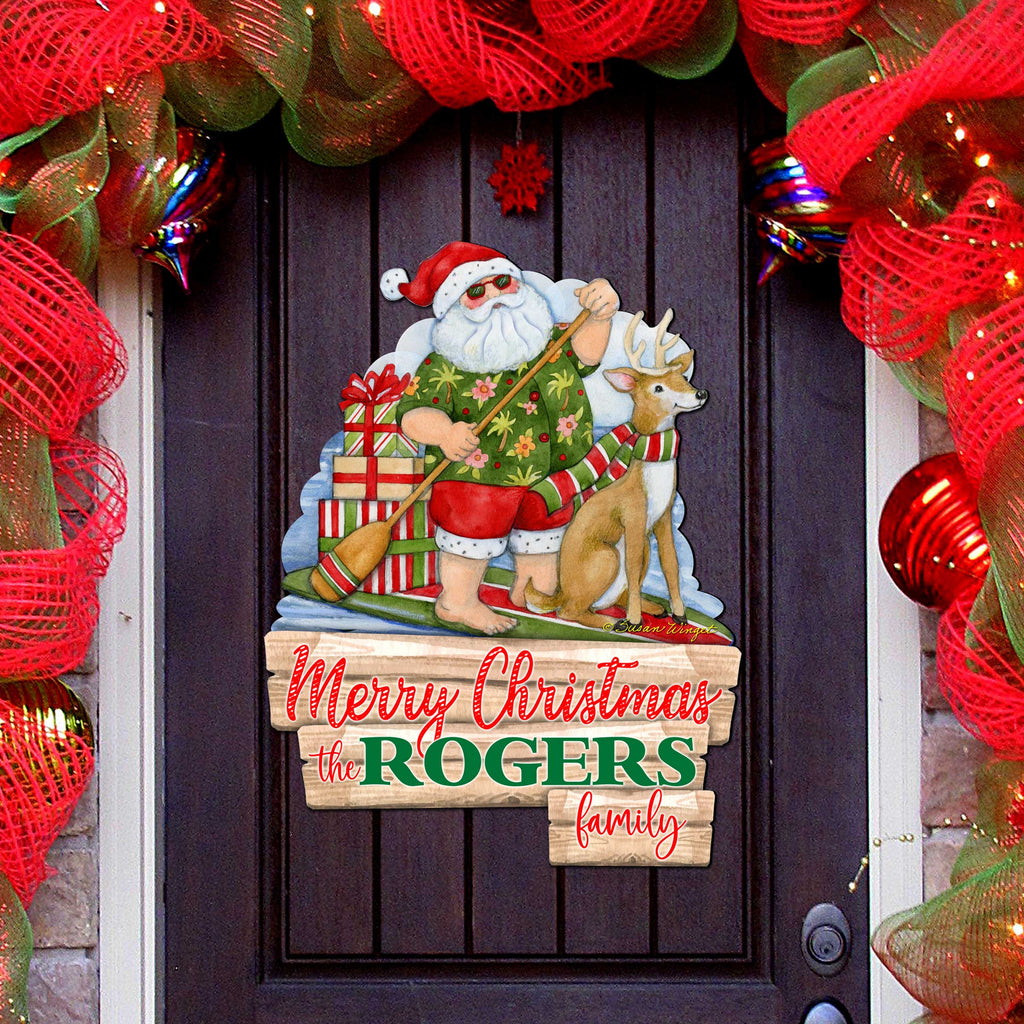 Christmas Decoration Personalized Holiday Welcome Sign with Last Name Santa Door Hanger by Susan Winget - Handmade Gift - 8471114HC-SW