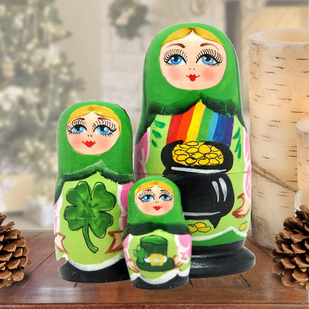 Irish Luck Matreshka Nesting Hand-Painted Doll Set of 3 by G. DeBrekht - Celtic Decor - 14714