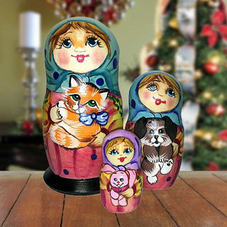 Friendship Cat and Dog Matreshka Nesting Hand-Painted Doll Set of 3 by G. DeBrekht - Pets Dog and Cats Decor - 14732