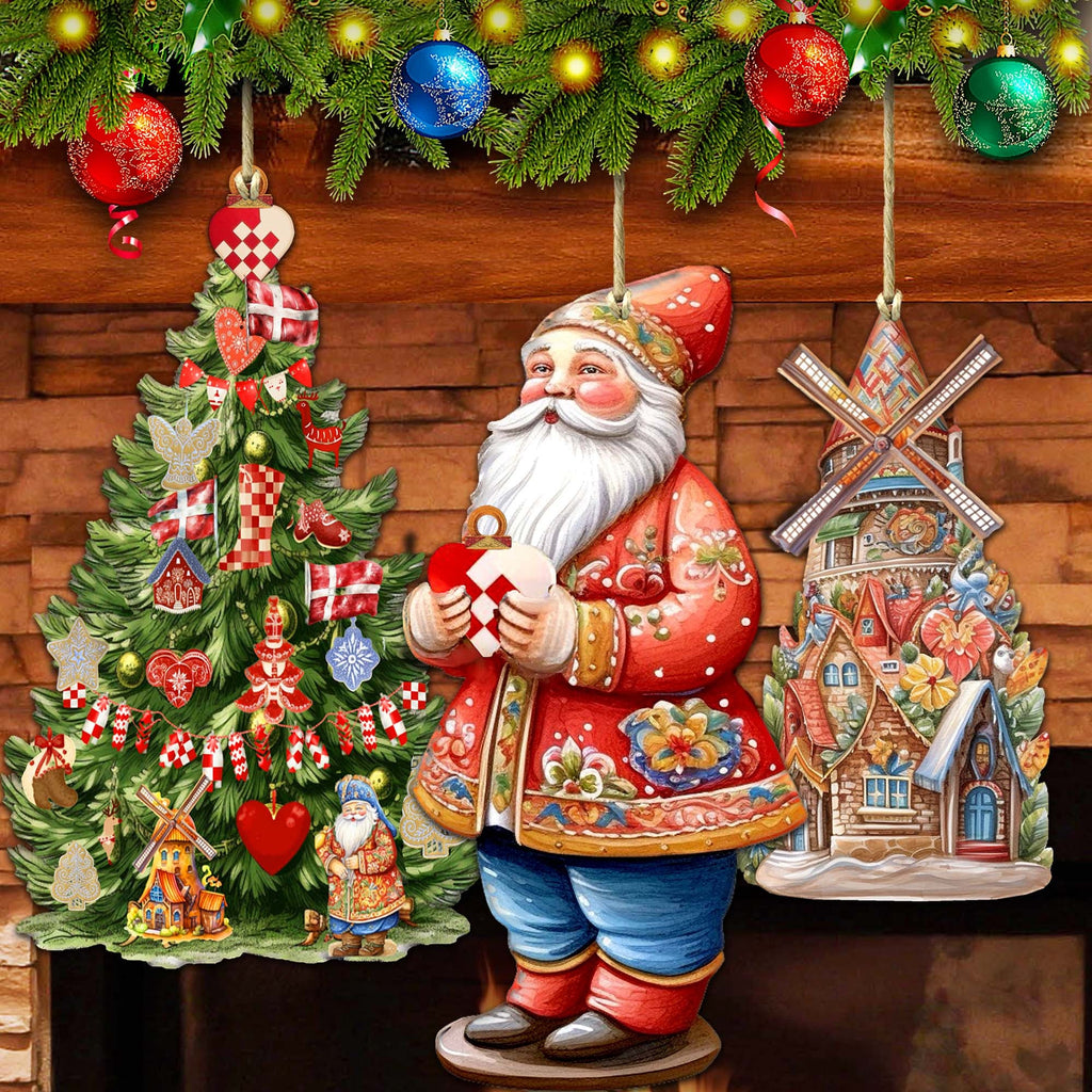 Santas Around the World - Danish Inspired Santa - Eco Wood Ornaments Set of 3 by G. DeBrekht Christmas Santa Snowman Decor - 8091302S3