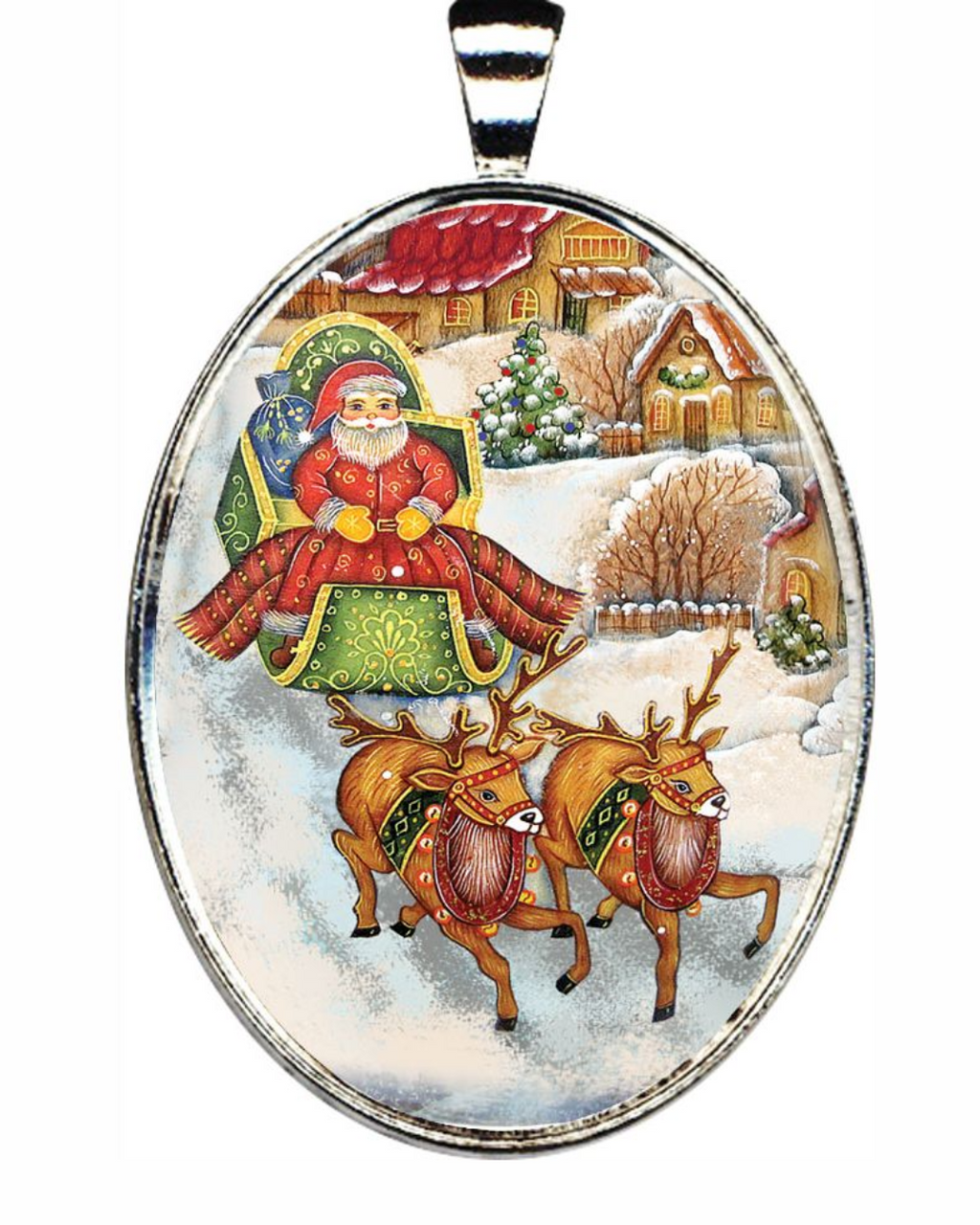 A pendant featuring a festive Christmas scene with Santa Claus riding a sleigh pulled by reindeer, set against a snowy village landscape.