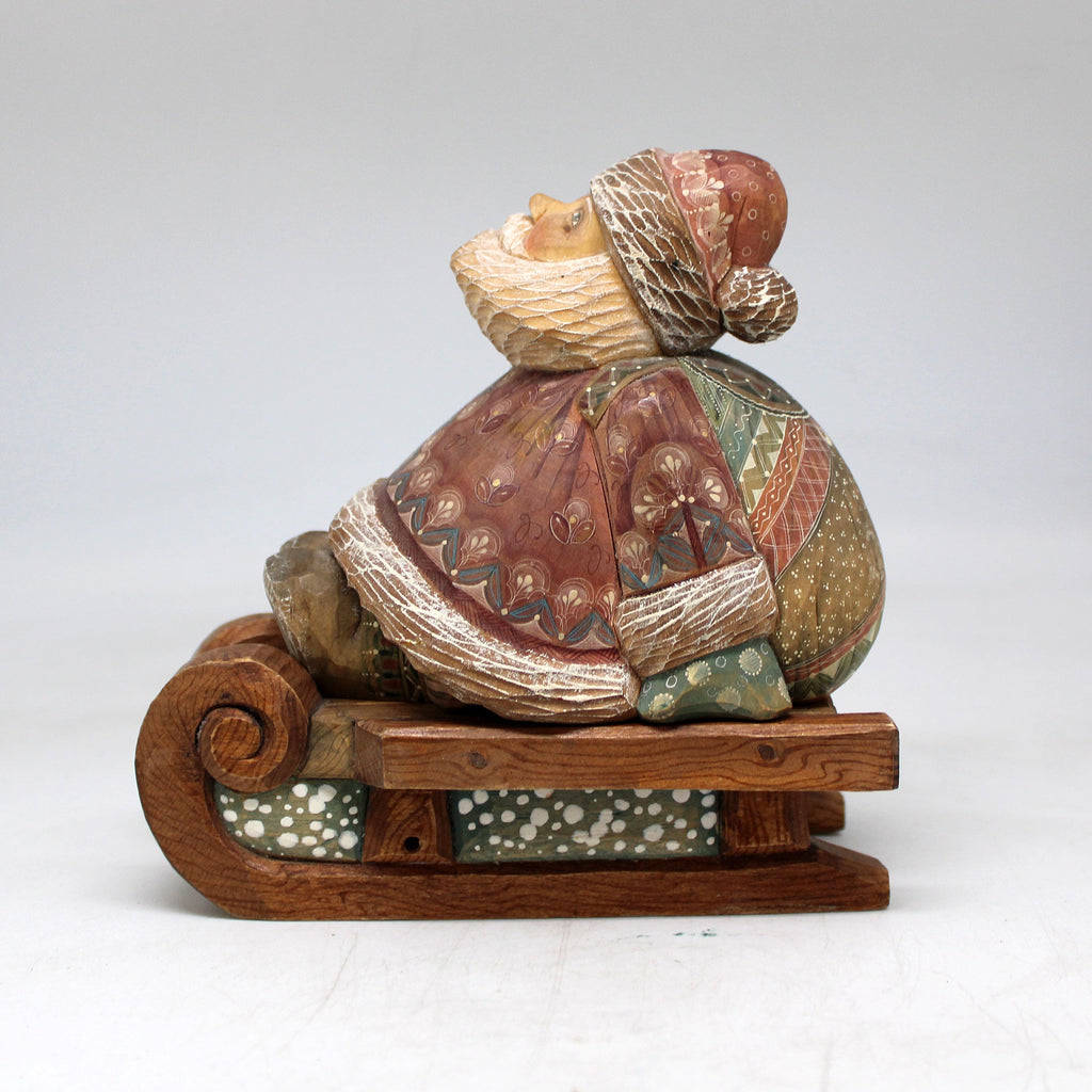 One-of-a-Kind Santa with Bag on Sleigh WOODCARVED Figurine 6x6x35 inches by G. Debrekht - - Unique Handcarved and Handpainted Collectible