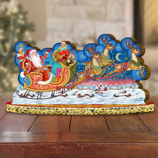 Santa Sleigh Ride with Reindeer Wooden Decor Tabletop Centerpiece by G. Debrekht - Christmas Snowman Decor - 89312