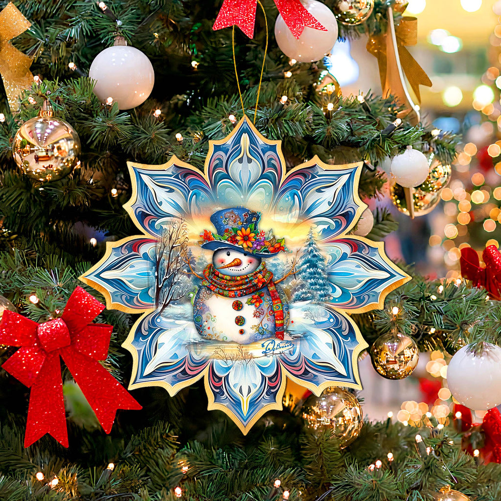 Snowman's Family Snowflake Large Wooden Ornament by G. Debrekht - Christmas Santa Snowman Decor - 8688428M