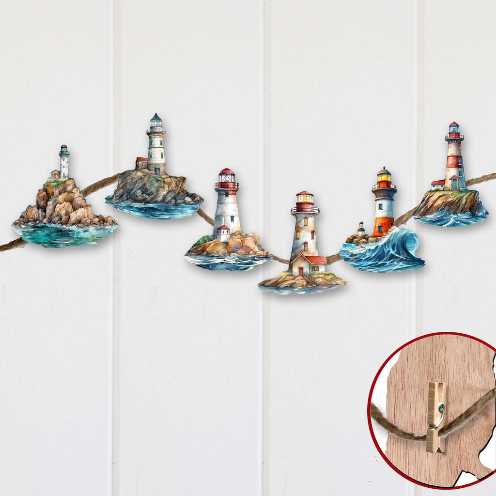 Lighthouse Clip-On Eco Wood Decorative Ornaments Set of 6 by G. Debrekht - Coastal Decor - 8090022C-S6
