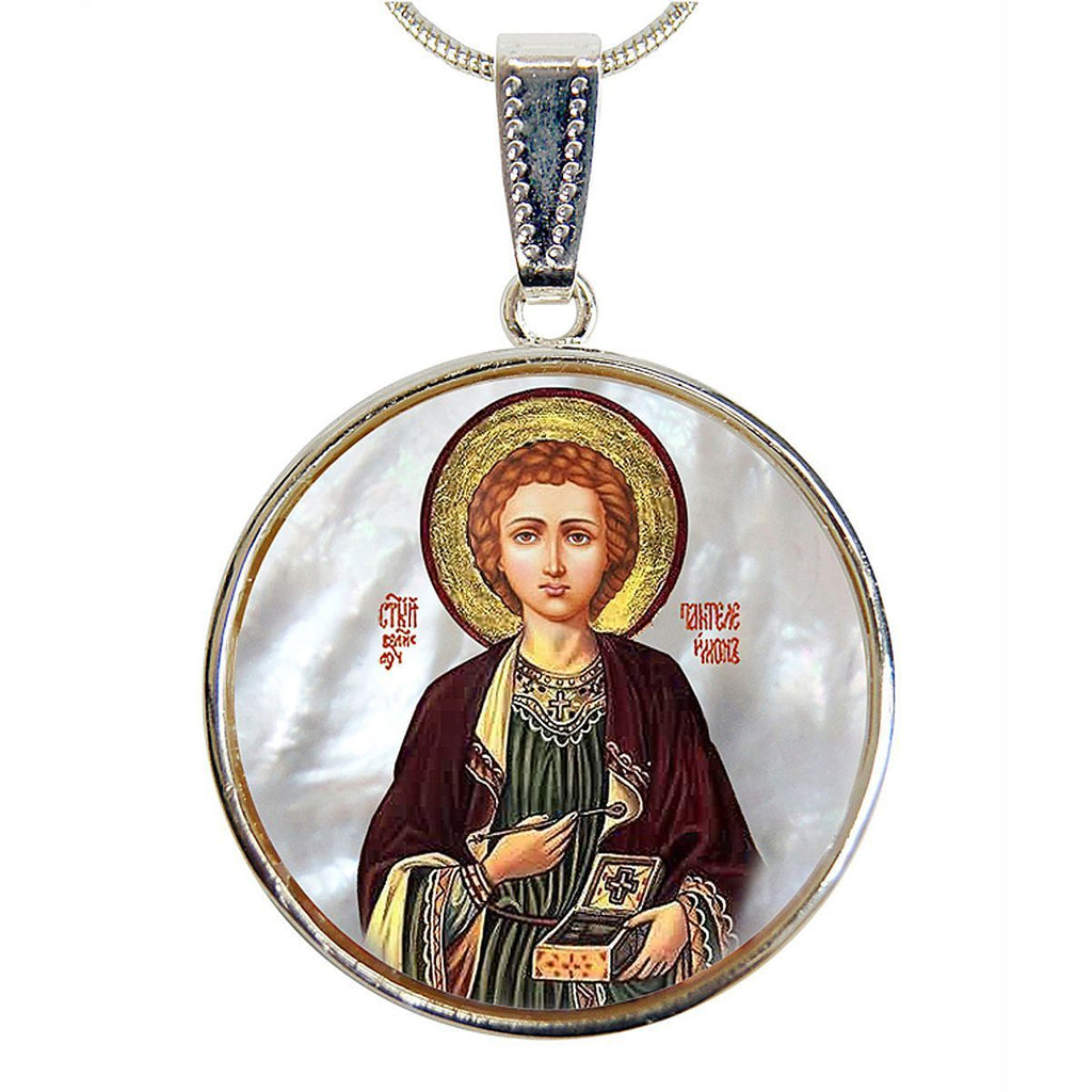 Saint Panteleimon Silver Plated Mother of Pearl Necklace - 43023