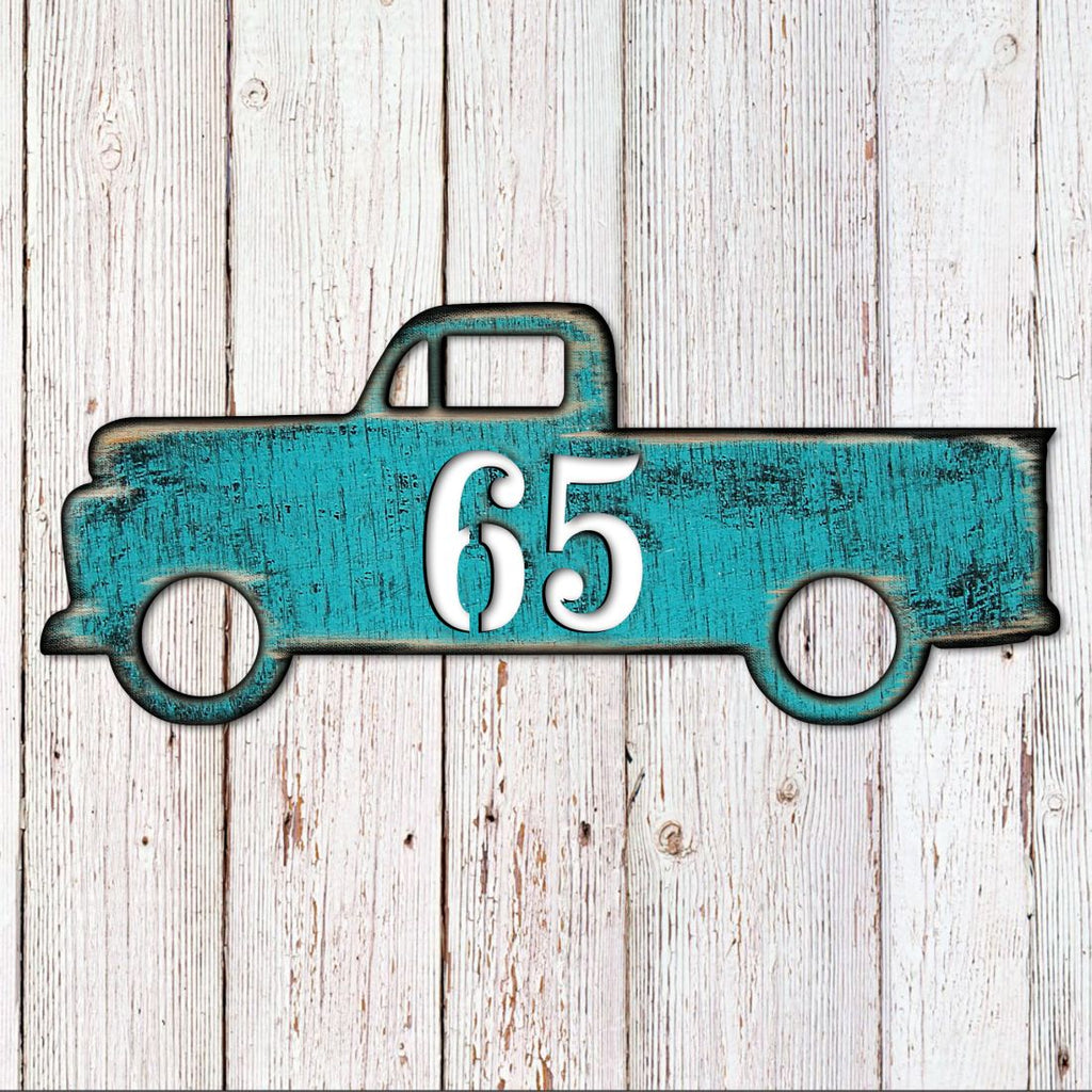 Pick Up Truck Wooden Personalized House Number Sign - Love Family Kids Decor - Handcrafted Wooden Handcrafted Wooden Address Sign - MA98542