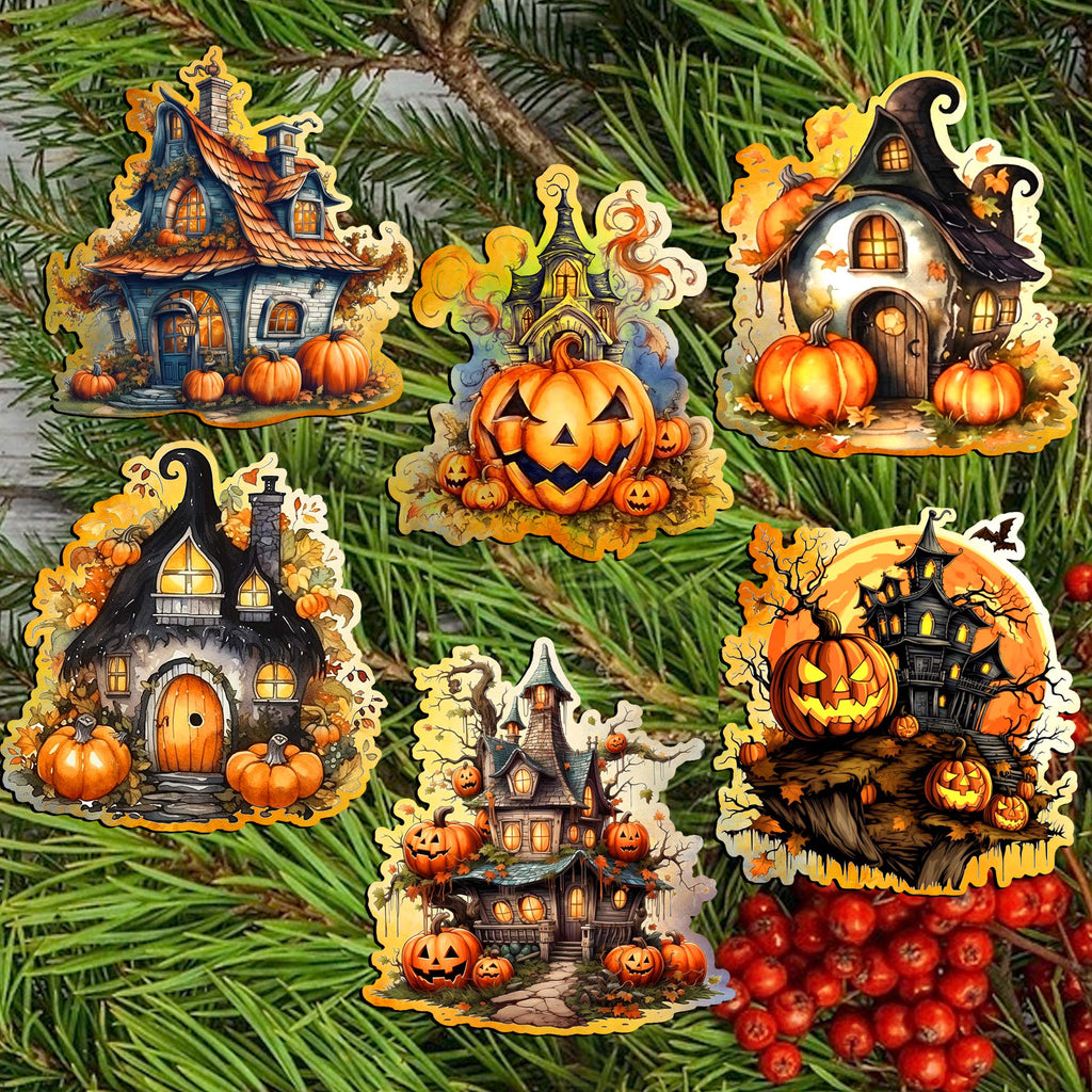 Spooky Houses Clip-On Eco Wood Decorative Ornaments Set of 6 by G. Debrekht - Halloween Decor - 8090007C-S6