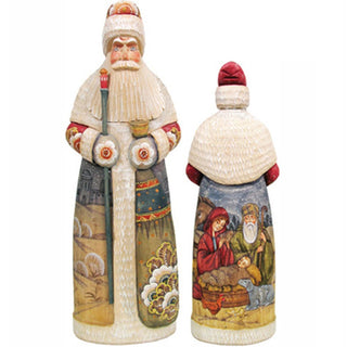 two figurines, one of Santa Claus and the other of the baby Jesus, both wearing traditional Christmas attire.