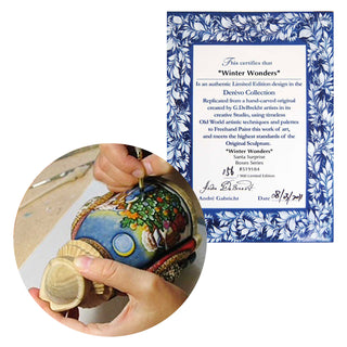 The image is a collage of two photos. The left photo shows a person's hands holding a colorful, intricately painted object, likely a piece of art or a decorative item. The right photo is a framed certificate or document with text and a signature, possibly related to the artwork or the artist.
