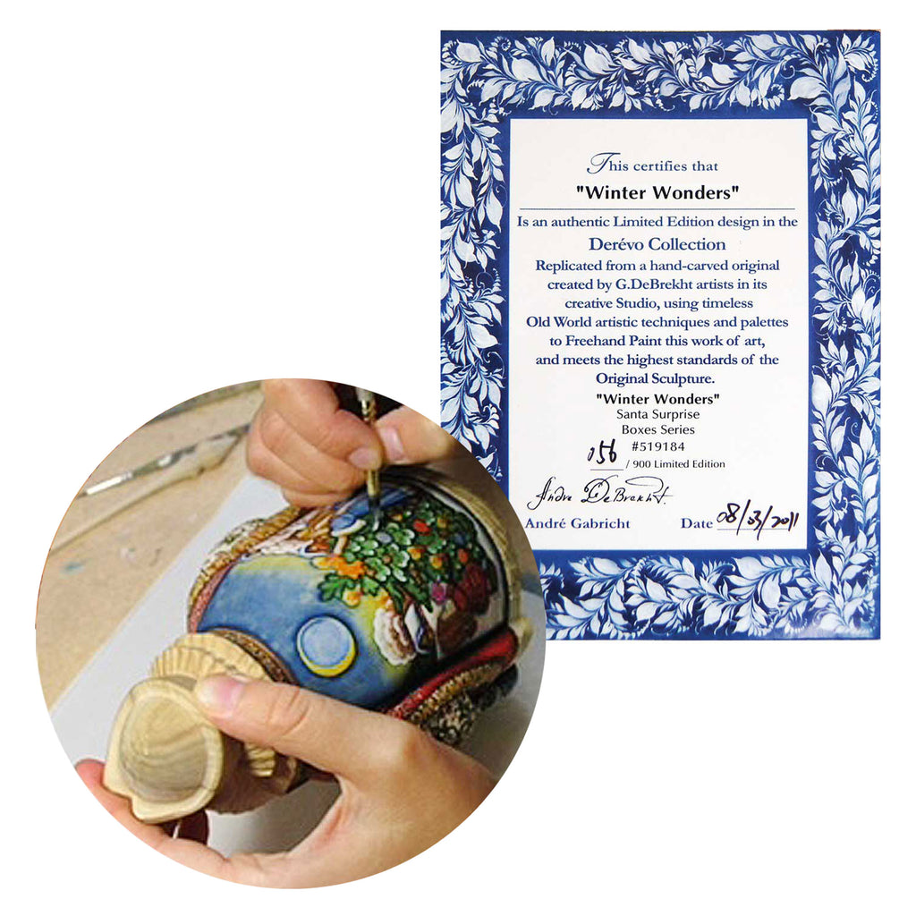 The image is a collage of two photos. The left photo shows a person's hands holding a colorful, intricately painted object, likely a piece of art or a decorative item. The right photo is a framed certificate or document with text and a signature, possibly related to the artwork or the artist.