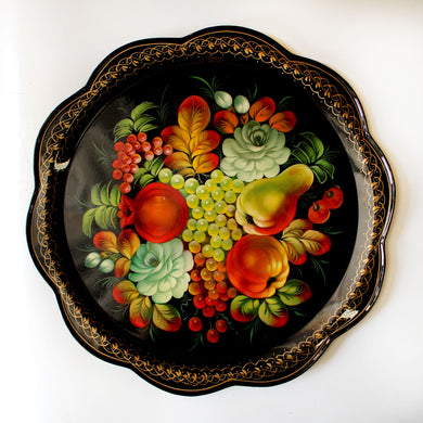 Unique Authentic Zhostovo Floral Hand-Painted Black Metal Tray 17 x 17 inches - Kitchenware and Gift Handmade Decorative Work of Art by G. Debrekht Functional Kitchenware Table and Unique Wall Decor