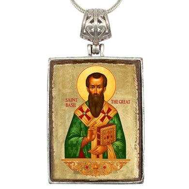 a religious icon of Saint Basil, a famous Russian Orthodox saint, wearing a green robe and holding a book.
