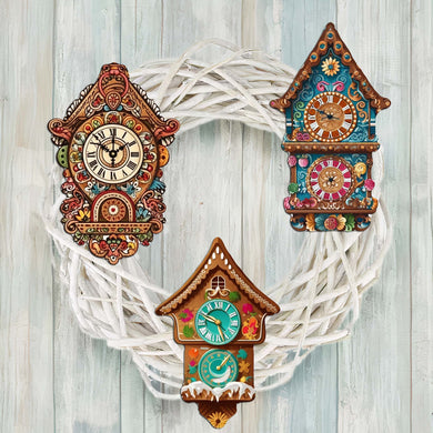 Miniature clock Clip-On Eco Wood Decorative Ornaments Set of 3 by G. Debrekht - Christmas Decor - 8091020C-S3