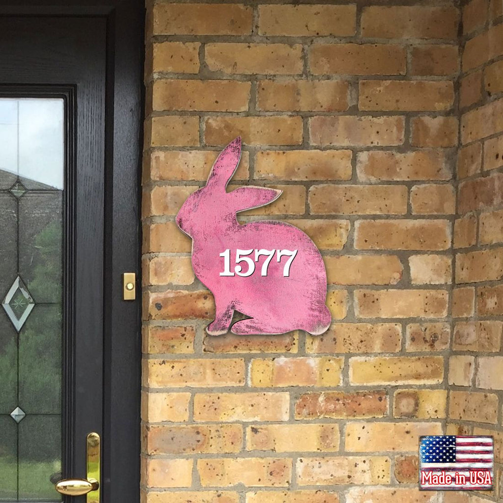 Pink Bunny Wooden Custom House Number Sign by G. DeBrekht - Easter Spring Decor - Handcrafted Wooden Handcrafted Wooden Handcrafted Wooden Address Sign - MA981341