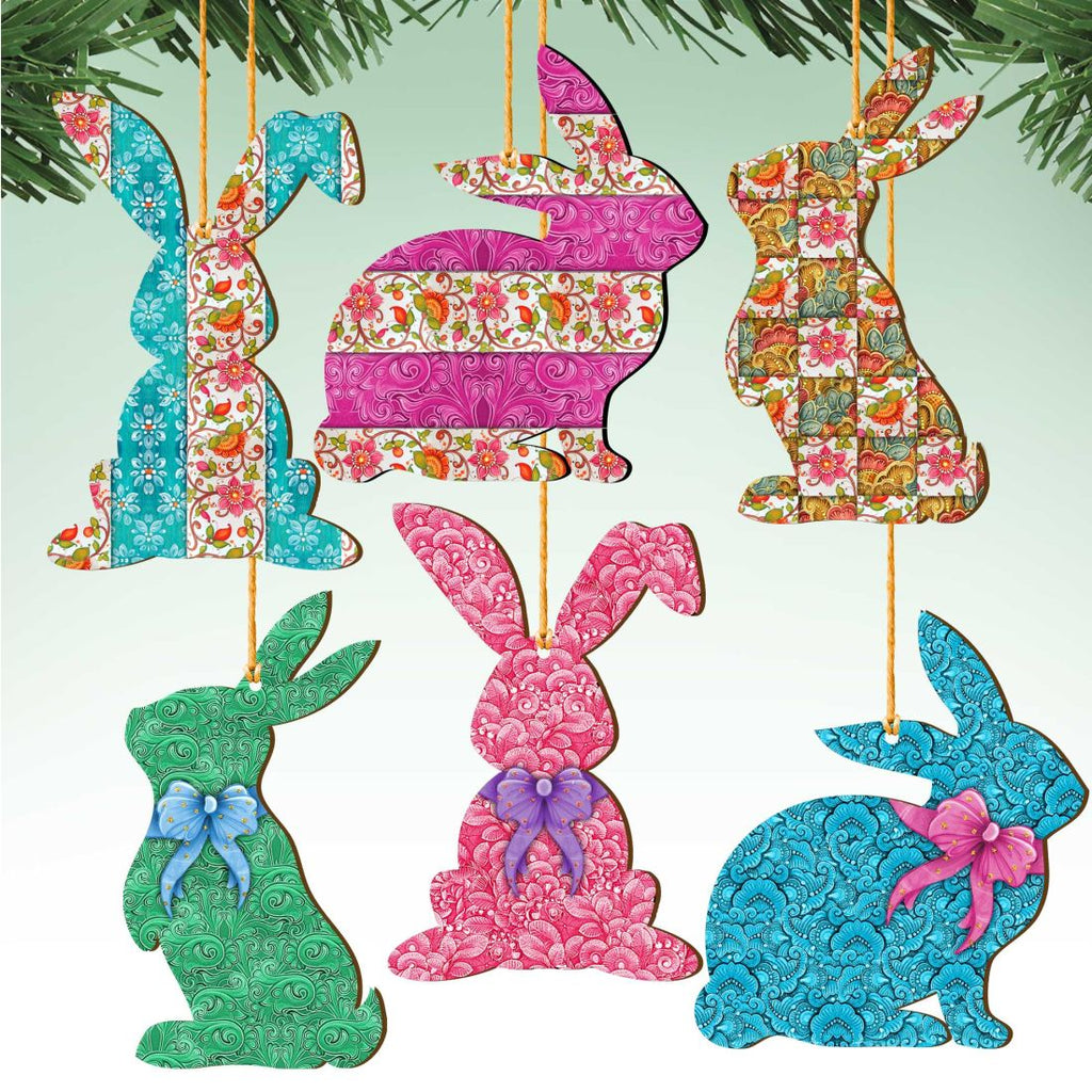 Quilted Bunny Wooden Ornaments Set of 6 by G. DeBrekht - Easter Spring Decor - 815442X-S6