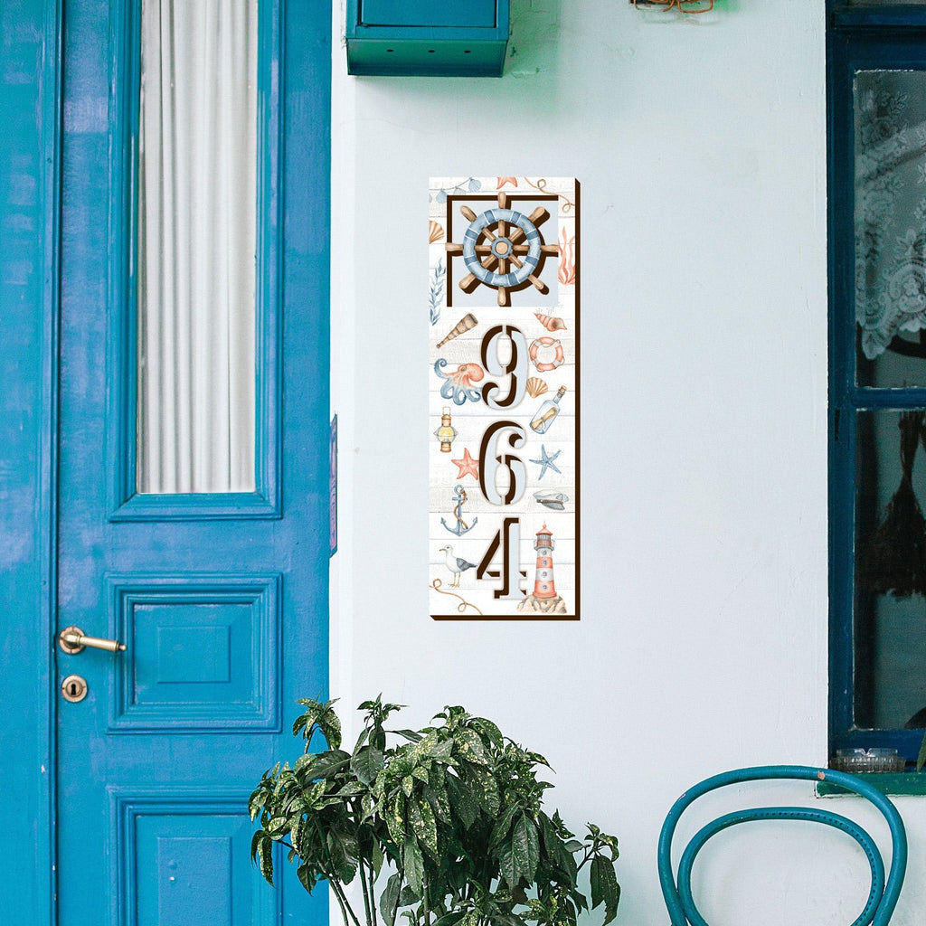 Coastal Door Numbers Sign - Captain Wheel Wooden House Number - Custom Home Address Sign - MA989815