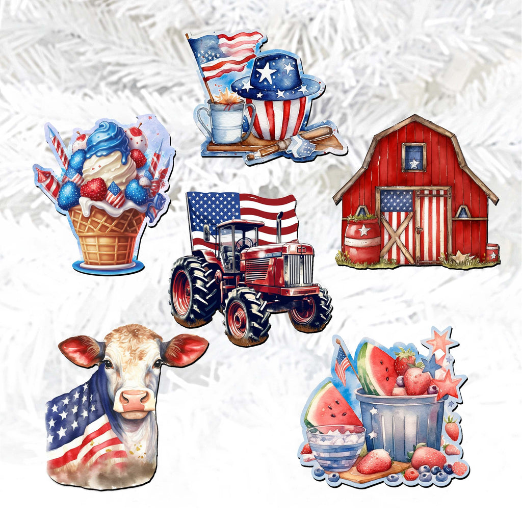 American Farmhouse Clip-On Eco Wood Decorative Ornaments Set of 6 by G. Debrekht - Patriotic Decor - 8090001C-S6