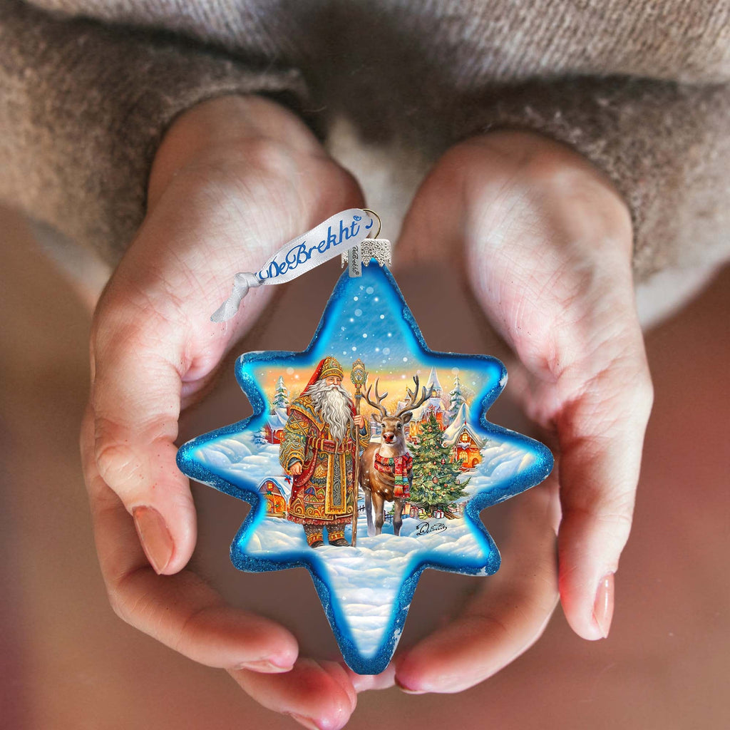 Santa with Reindeer Star Glass Ornament by G. Debrekht - Christmas Santa Snowman Decor - 755-050