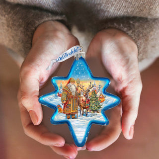 Santa with Reindeer Star Glass Ornament by G. Debrekht - Christmas Santa Snowman Decor - 755-050