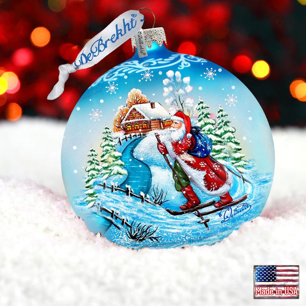Skiing Through the Snow Glass Ornament by G. DeBrekht - Christmas Santa Snowman Decor - 73362