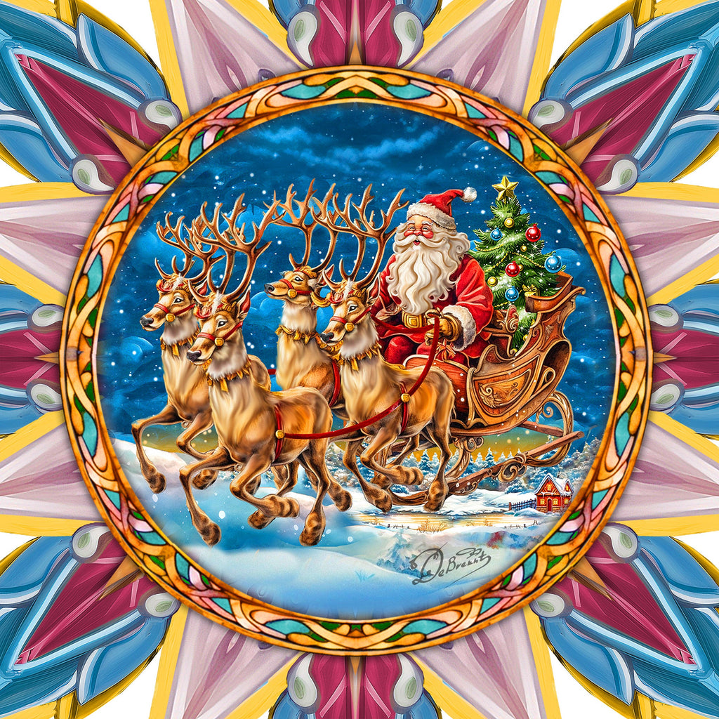 Santa on the Sleigh Star Tree Topper Wooden Decor by G. Debrekht - Santa Snowman Decor - 89516