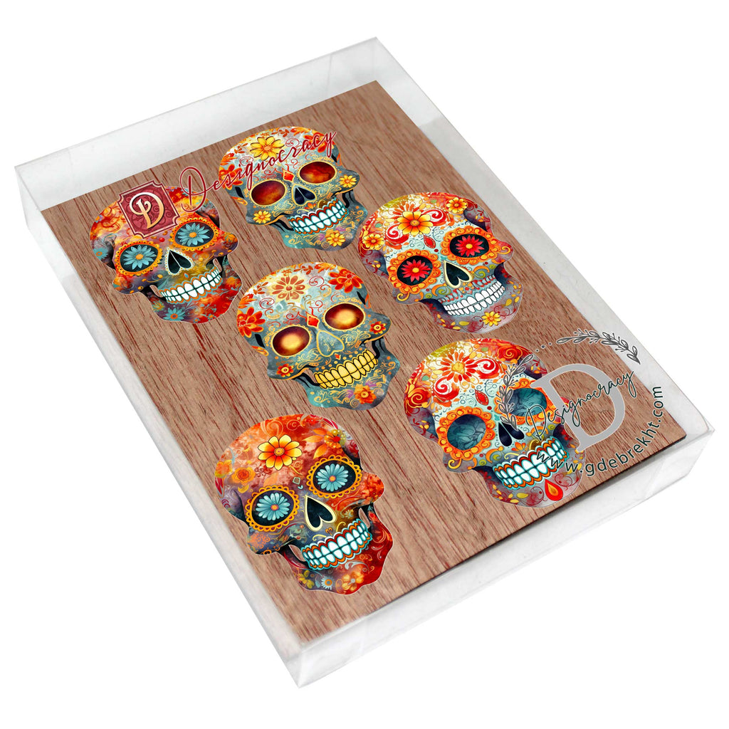 Sugar Skulls Decorative Eco Wood Magnets Set of 6 by G. Debrekht - Halloween Decor - 8090071G-S6