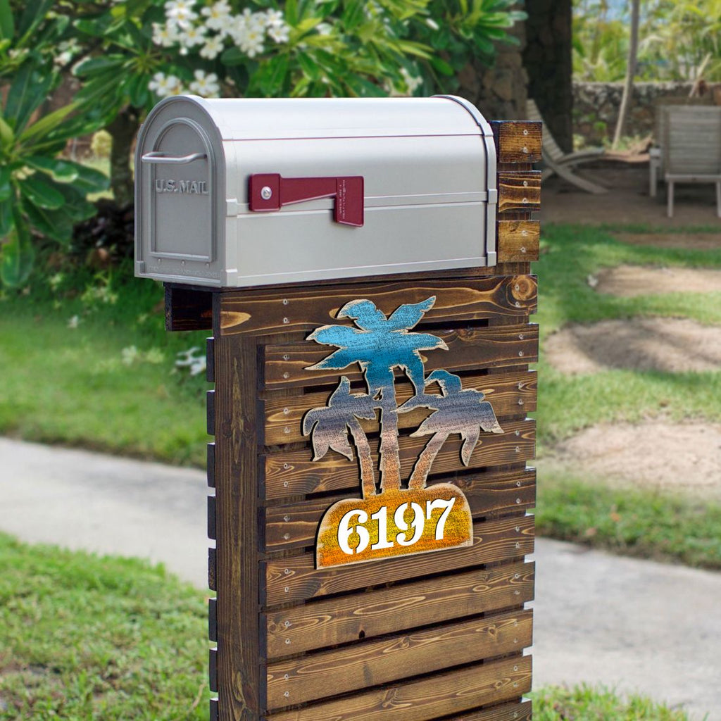 Palm Coastal Trees Personalized House Number Sign by G. Debrekht - Coastal Sea-Life Decor - Handcrafted Wooden Handcrafted Wooden Address Sign - MA8198415