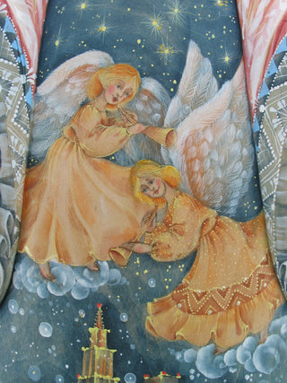 The image is a painting featuring two angels, one holding a trumpet and the other holding a scroll, set against a starry night sky background.