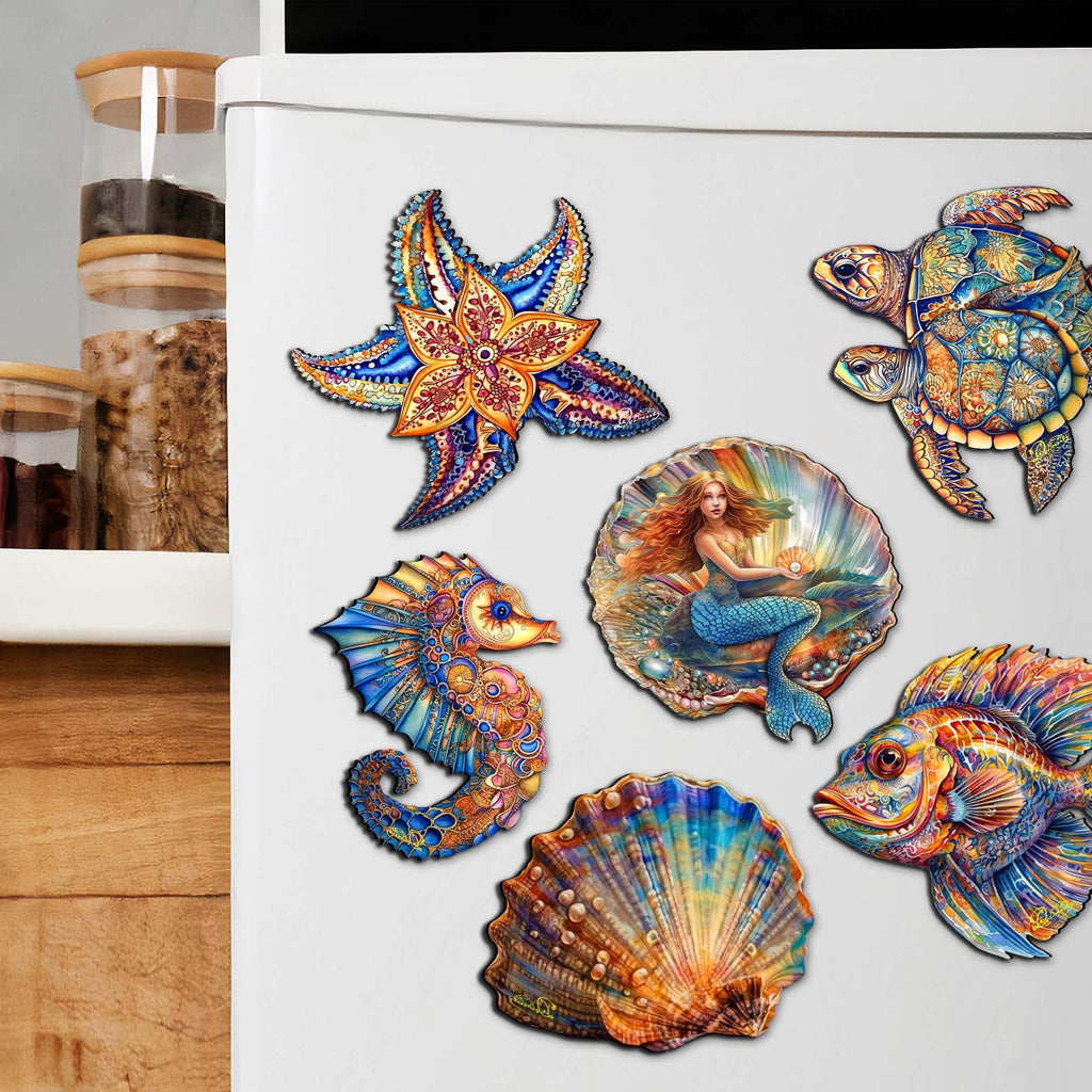 Mermaid and Friends Decorative Eco Wood Magnets Set of 6 by G. Debrekht - Coastal Decor - 8090064G-S6