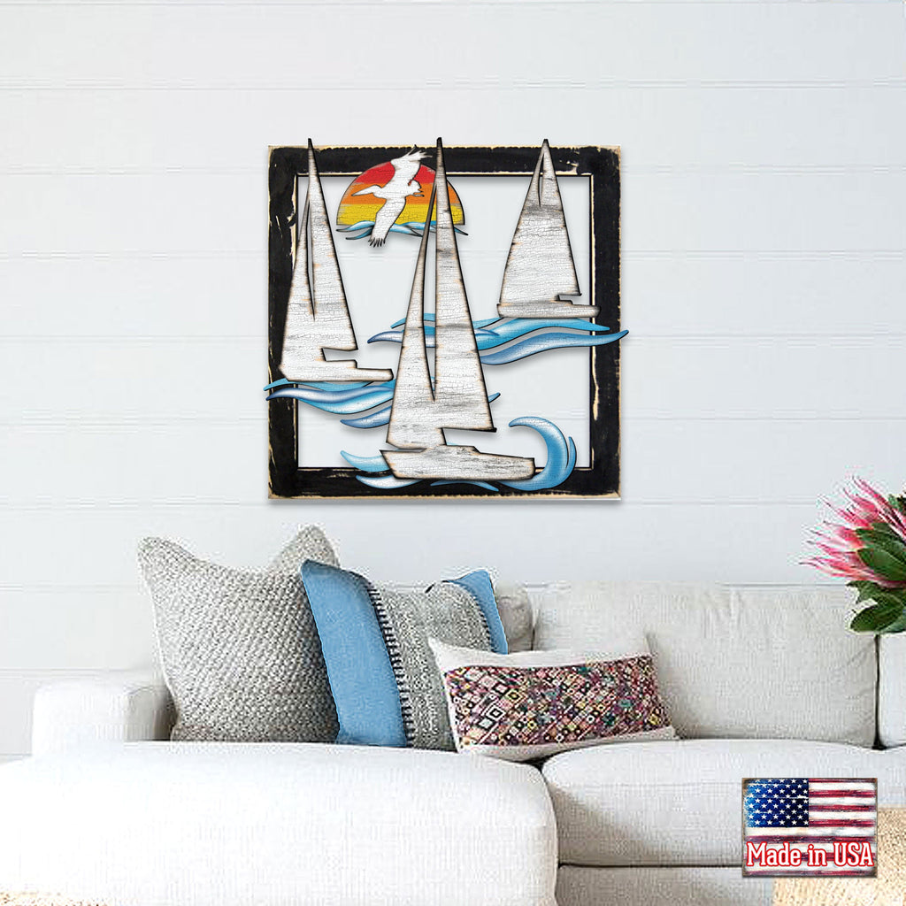 Sailing Boats Sunrise Wooden Wall Decor by G. DeBrekht - Coastal Sea-Life Decor - G985242S3