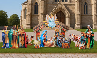 A large outdoor nativity scene with cardboard cutouts of the Virgin Mary, baby Jesus, and various animals, including a horse, sheep, and cow, set against the backdrop of a church building.