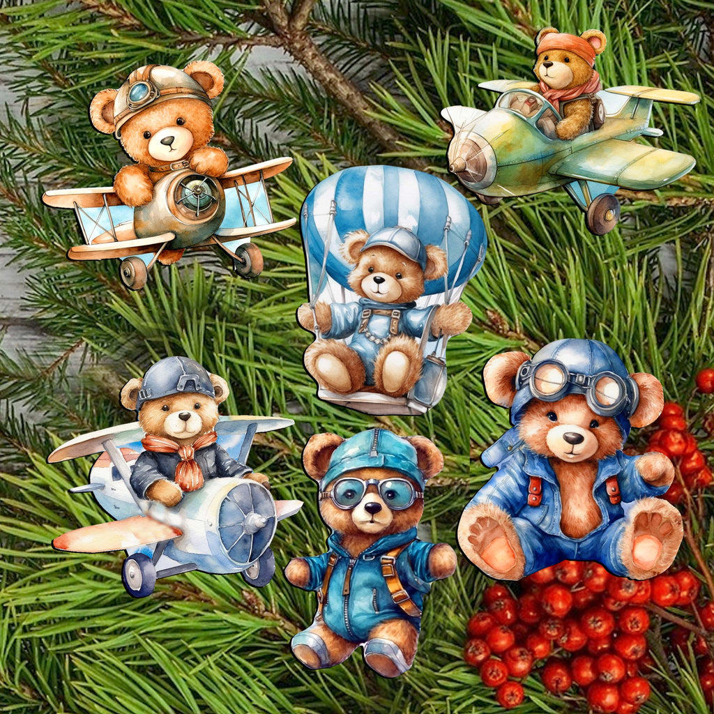 Aviator Teddy Bear Clip-On Eco Wood Decorative Ornaments Set of 6 by G. Debrekht - Christmas Decor - 8090010C-S6