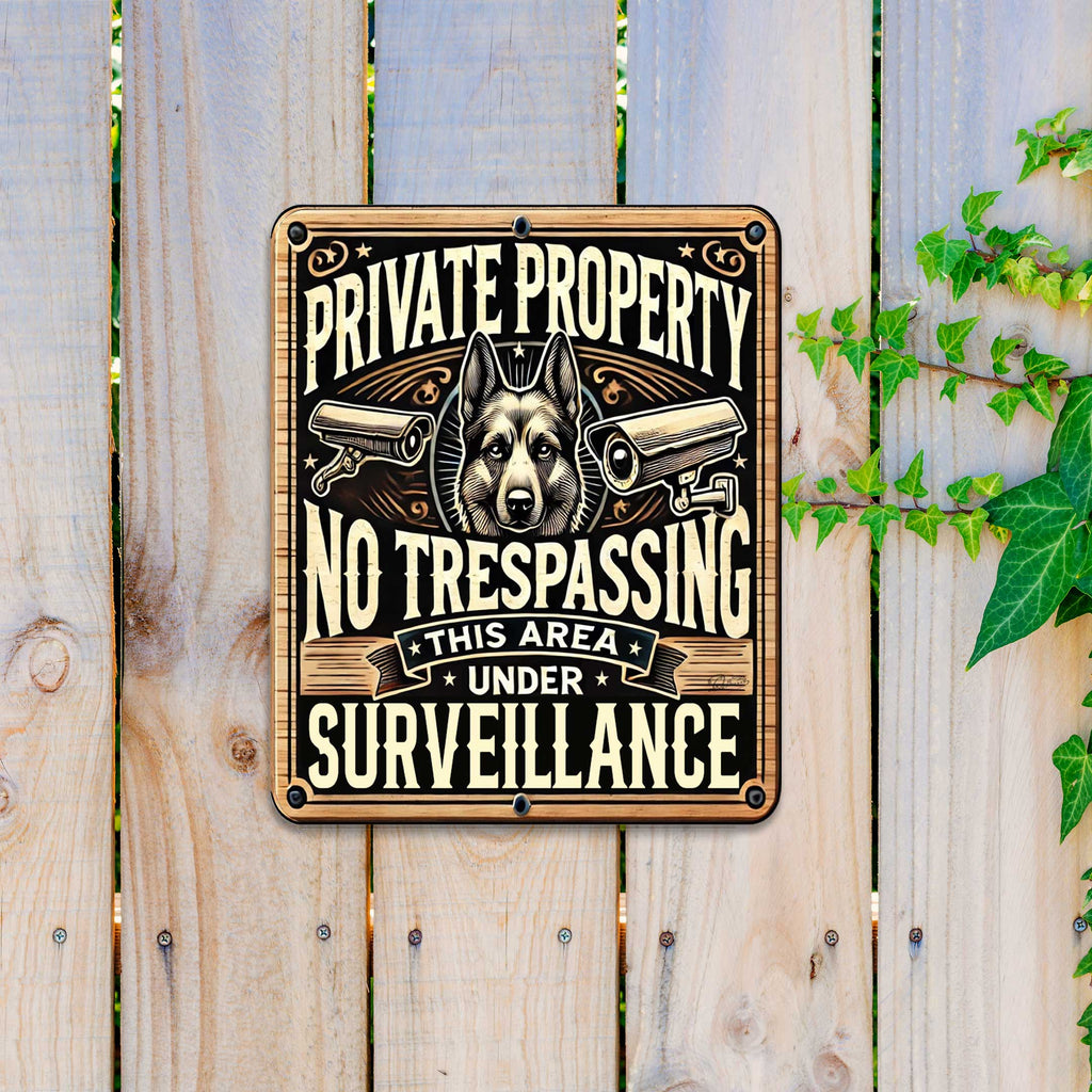 a square sign with a dog's head and two security cameras, mounted on a wooden fence.