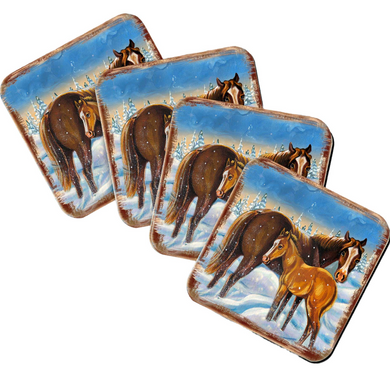 A set of four square coasters featuring images of horses in a snowy landscape.