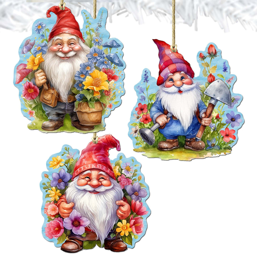 Garden Gnomes Decorative Eco Wood Ornaments Set of 3 by G. Debrekht - Spring Easter Decor - 8091030-S3