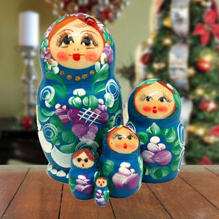 Blue Golden Floral Matreshka Nesting Hand-Painted Dolls Set of 5 by G. DeBrekht - Christmas Decor - 140136