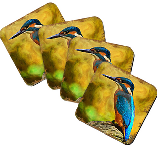 a collage of four square images, each depicting a colorful kingfisher bird in various poses and settings.
