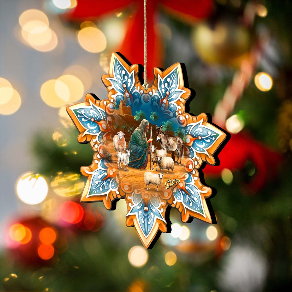 Joseph with Animals Snowflake Wooden Ornaments by G. Debrekht - Nativity Holiday Decor - 8688437