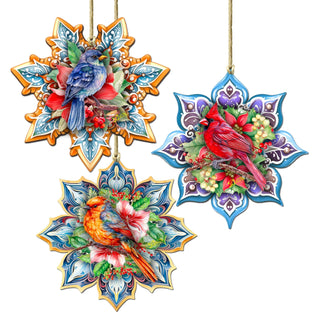 Forest Birds Snowflake Eco Wood Ornaments Set of 3 by G. Debrekht - Christmas Decor - 8090144-S3