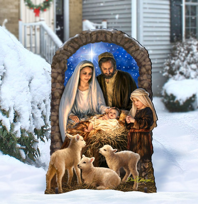 A 3D rendering of the Holy Family in a nativity scene, with the baby Jesus in the center surrounded by the parents and other members of the family.