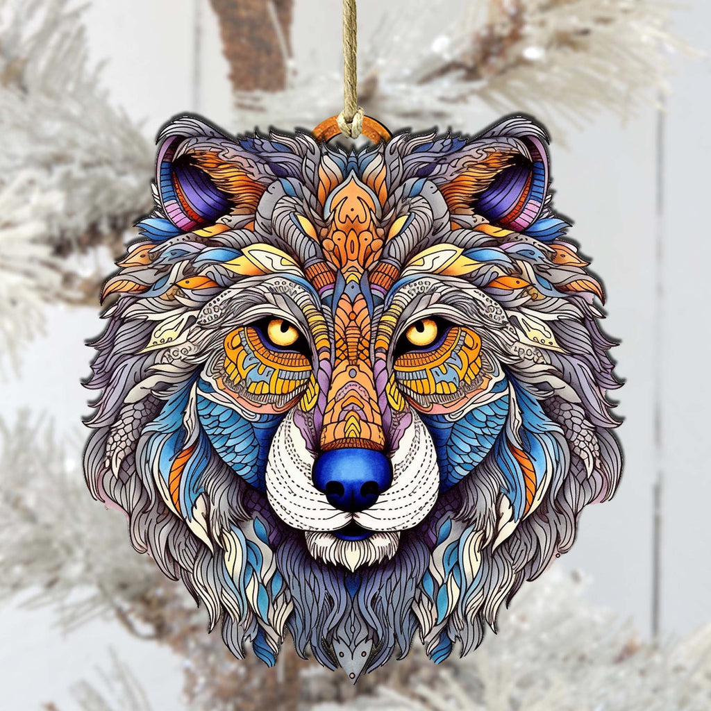 Ornamental Wolf Face Wooden Ornaments by G.Debrekht - Wildlife Holiday Decor - 8710125-2