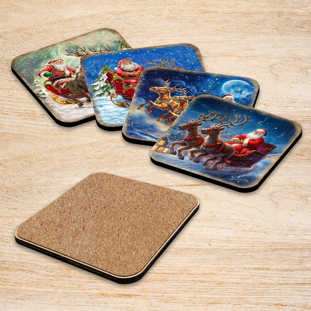 Santa's Sleigh Wooden Cork Coasters Gift Set of 4 by G. Debrekht - Santa Christmas Decor - 8199445C-S4